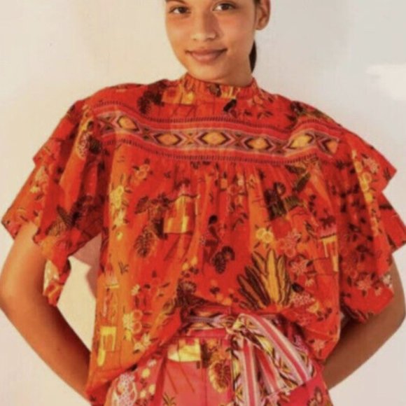 Farm Rio Secret Garden Organic Cotton Blouse Fun Tropical Print Medium New - Picture 1 of 16